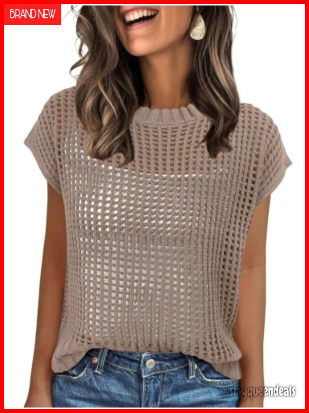 Crochet Knit Short Sleeve Sweater Vest Loose Fit Boho Summer Top